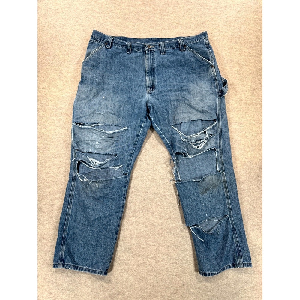 Wrangler Premium Carpenter Jeans Mens 44x30 Blue Denim Distressed 94LSWDV